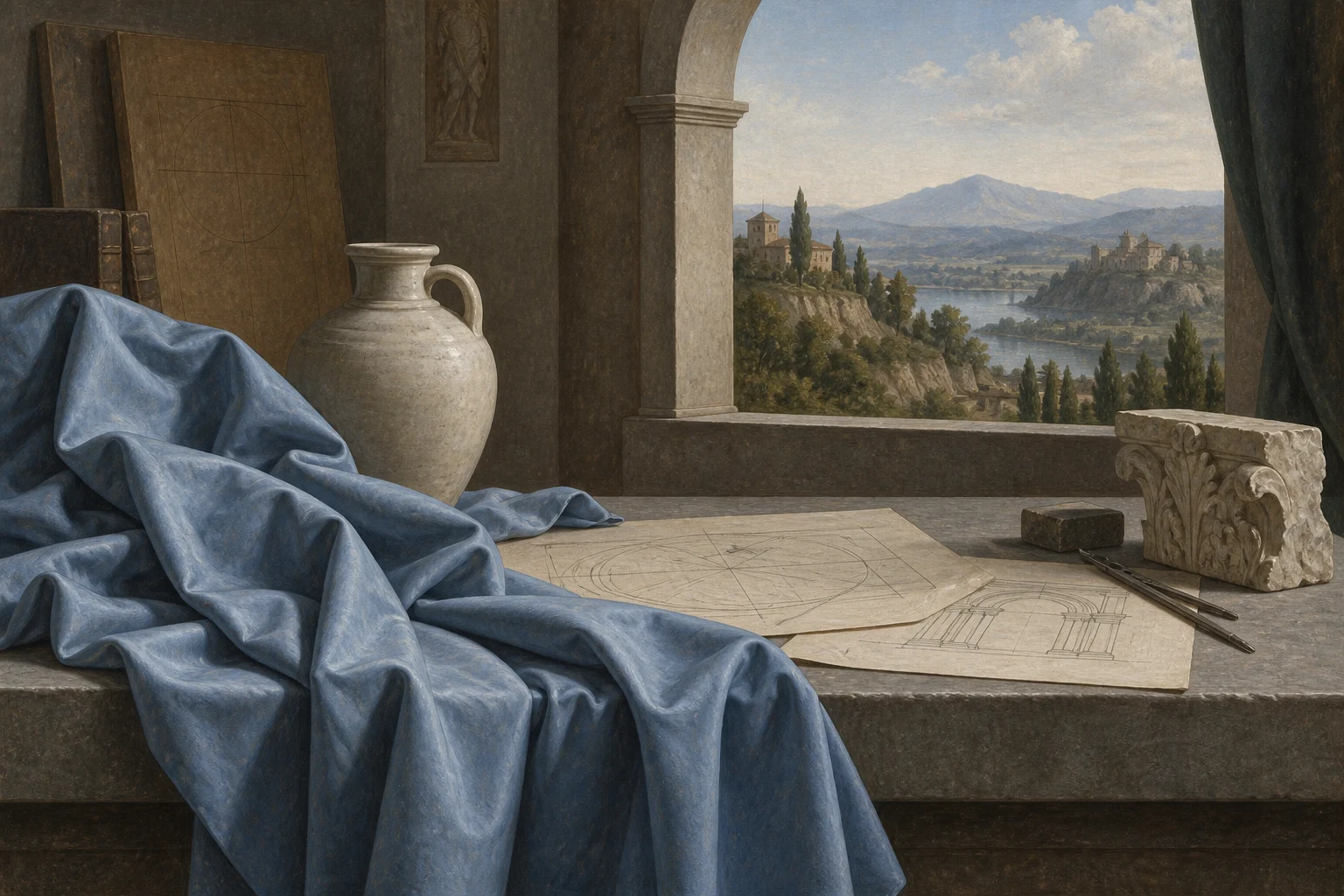 Painting of a ceramic jug and blue cloth on a table in a sunlit atelier