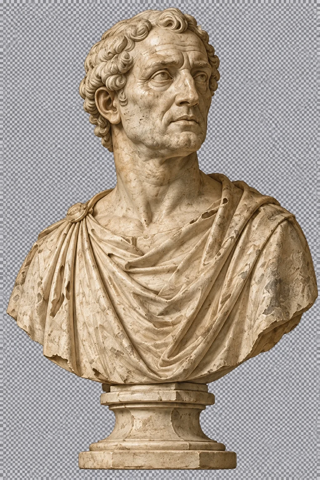 Classical marble bust of a man in a draped toga, set against a sky-blue sheet