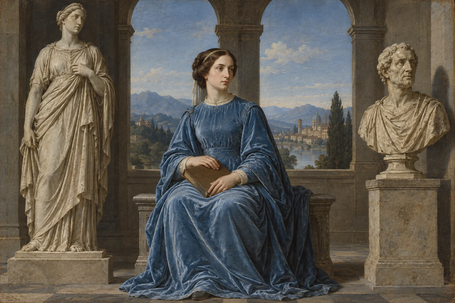 Painting of a woman in a blue velvet dress seated in an arcade between two classical statues