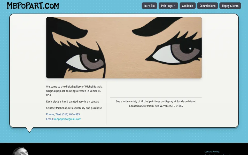 Michel Balasis homepage: the MBPOPART.COM logo above a pop art painting of a pair of eyes on a sky-blue gallery page